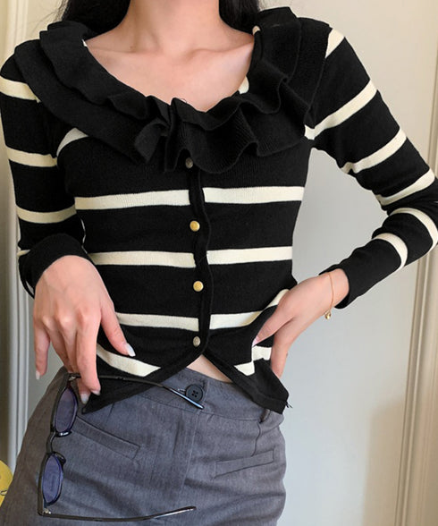 フリルニットトップス オフショルダー秋服 レディース タイトリブニット ボダン付き ニットソー きれいめニットセーター ボーダー柄 ショート丈 ニットカーディガン 80ZHONGYI-001